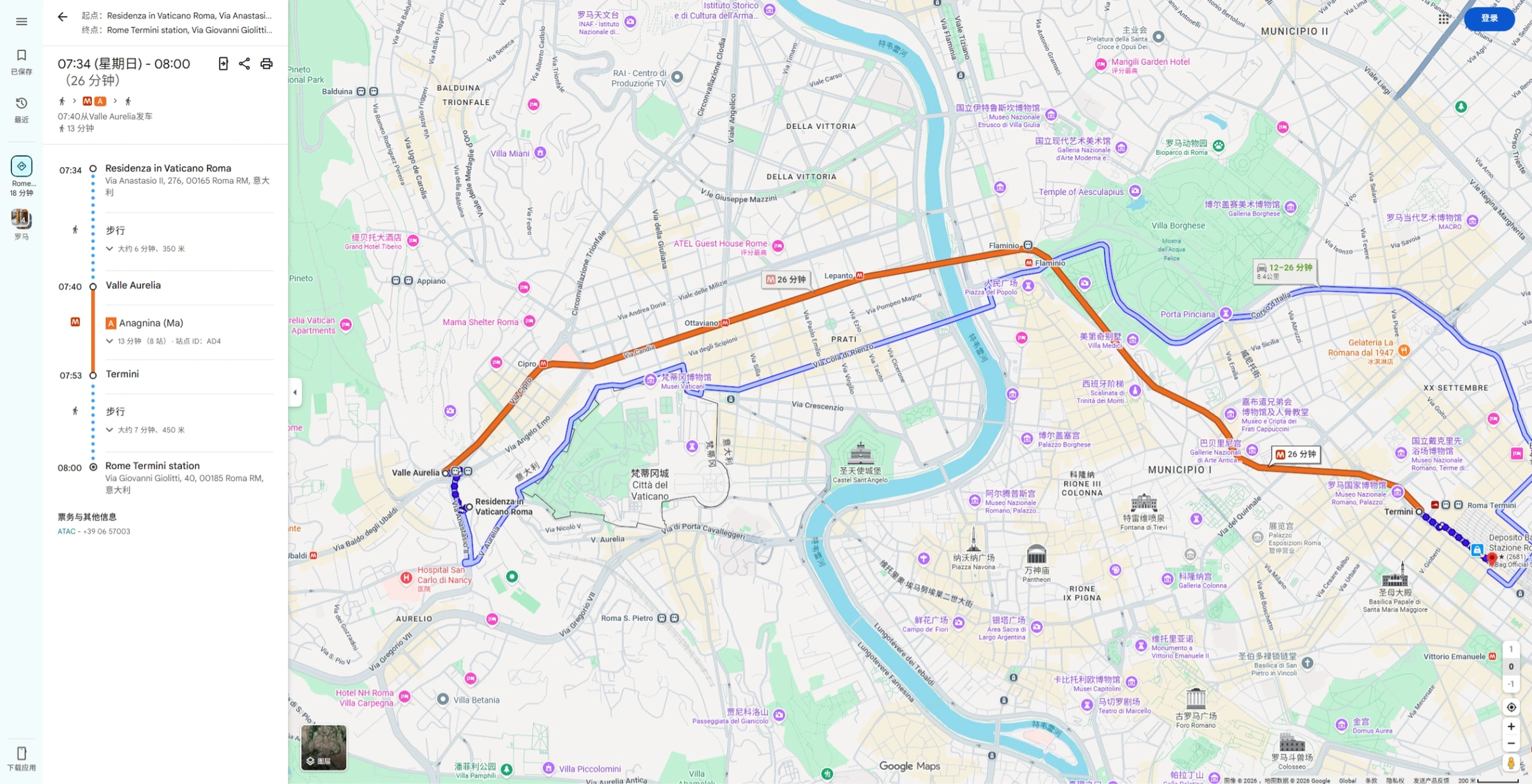 Vaticano酒店 → Termini 地铁路线图